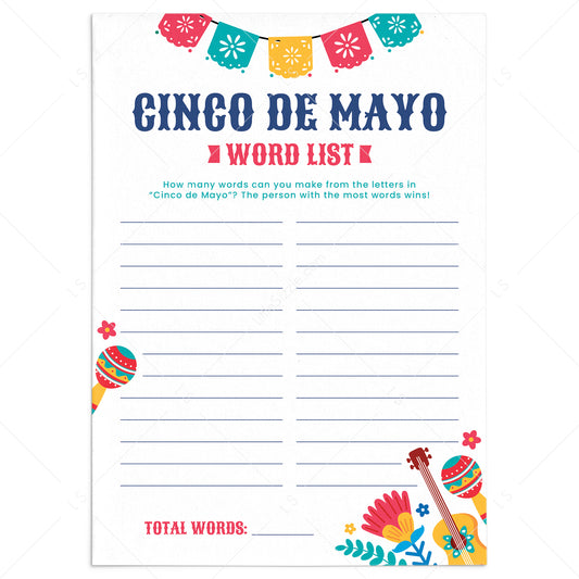 Cinco de Mayo Game for Kids Printable Word List by LittleSizzle