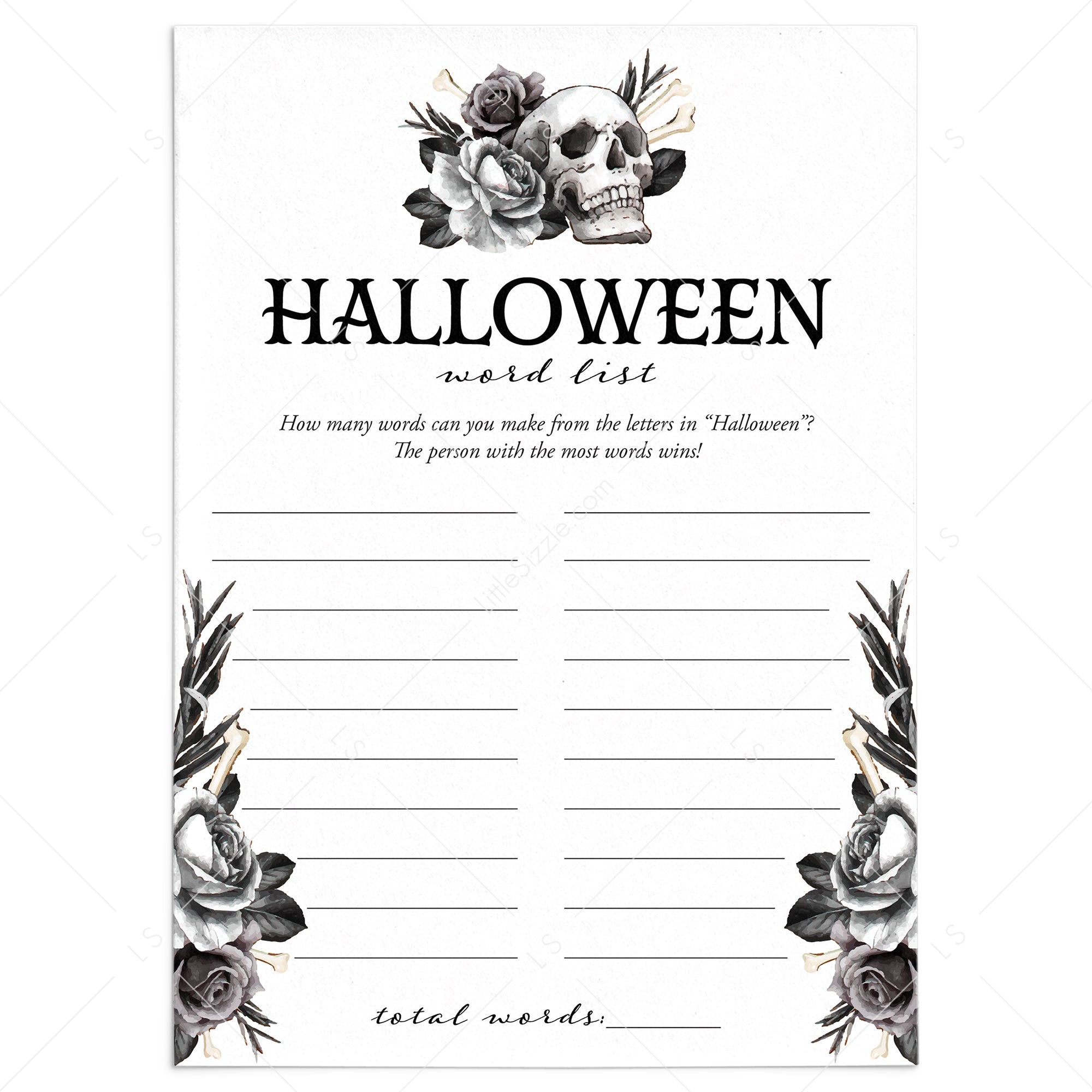 Skull Halloween Party Game Word List Digital Download by LittleSizzle