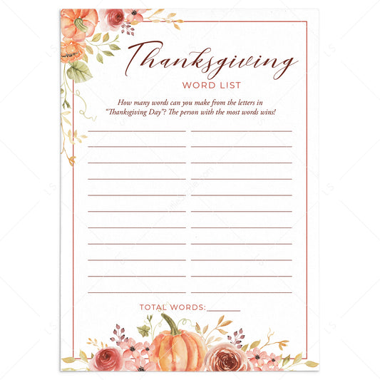 Thanksgiving Words Game for Family Printable by LittleSizzle