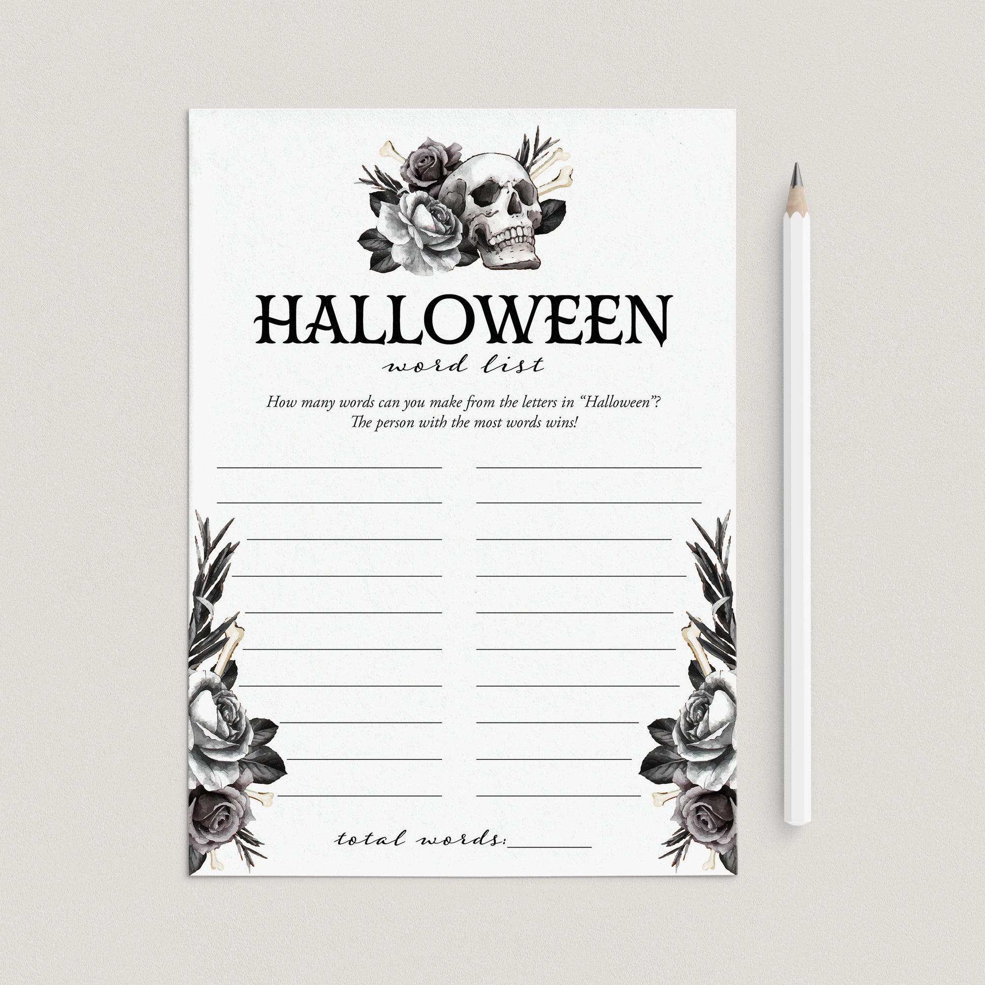 Skull Halloween Party Game Word List Digital Download by LittleSizzle