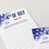 Independence Day Word Game Printable