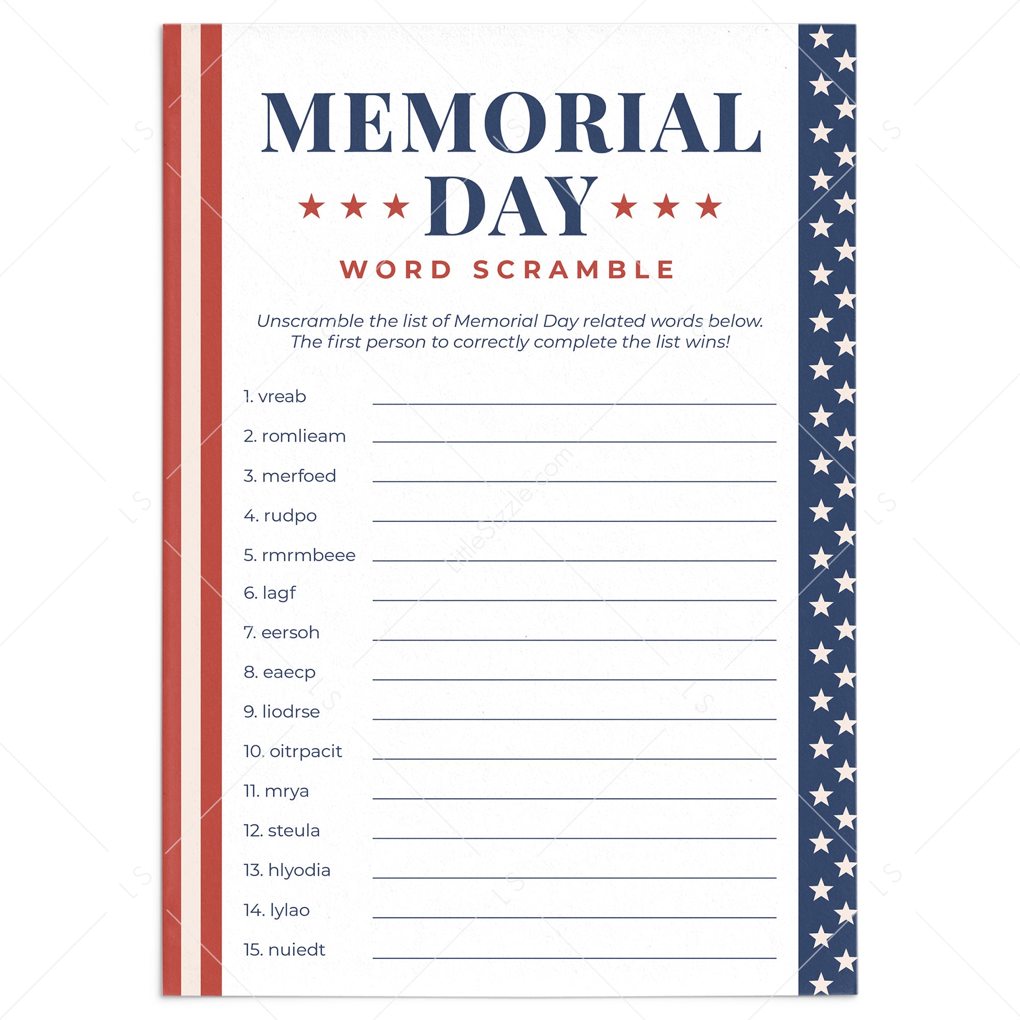 Memorial Day Word Scramble with Answers Printable by LittleSizzle