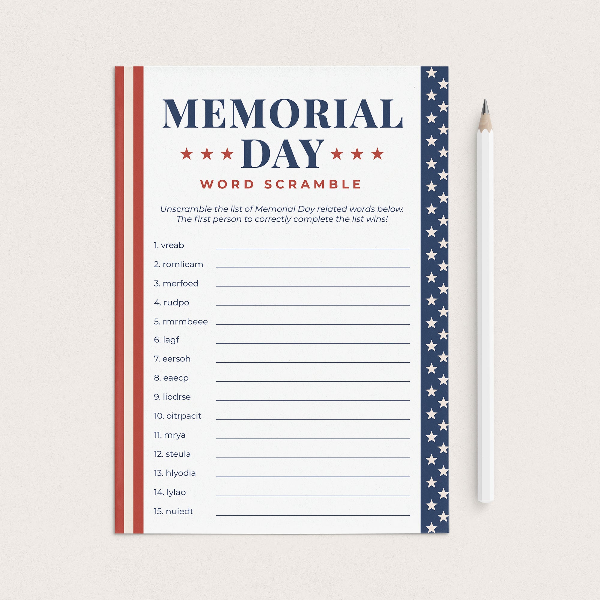 Memorial Day Word Scramble with Answers Printable by LittleSizzle