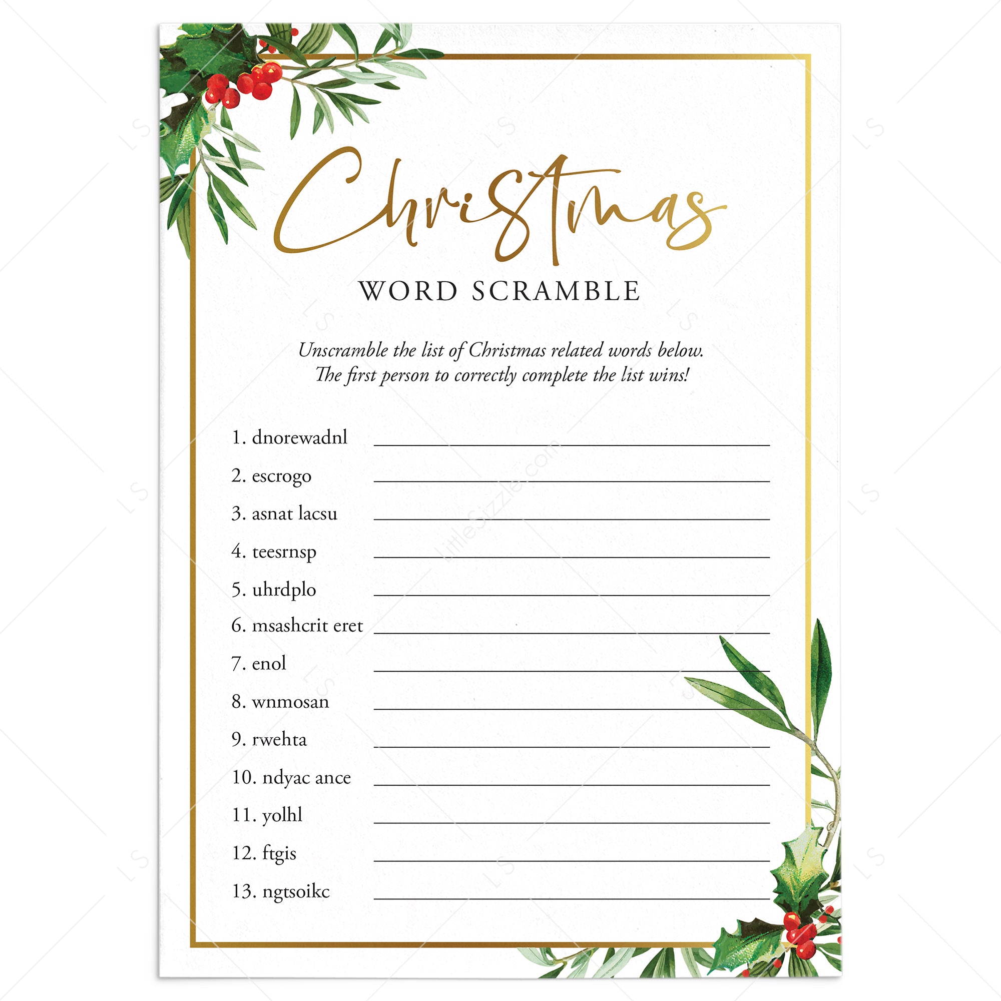 Greenery Christmas Party Game Word Scramble with Answers by LittleSizzle