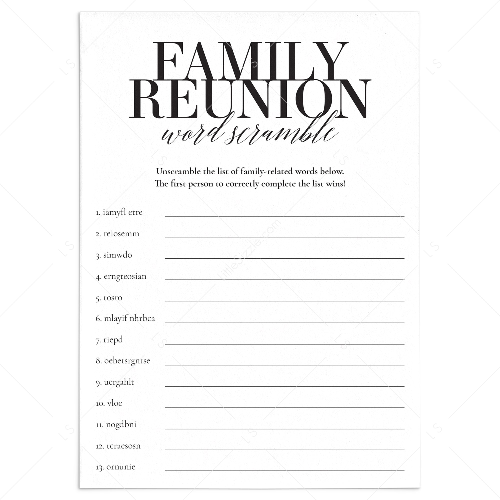 Family Reunion Game Word Scramble with Answer Key Printable by LittleSizzle
