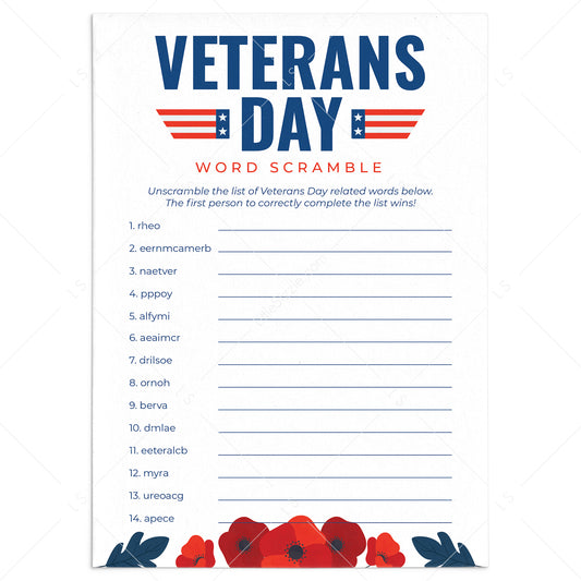 Veterans Day Word Scramble with Answer Key Printable by LittleSizzle