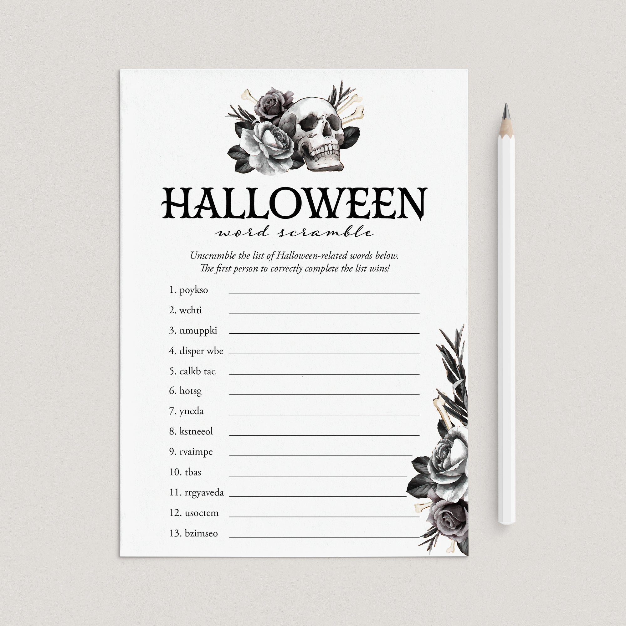 Floral Skull Halloween Word Scramble Game with Answers by LittleSizzle