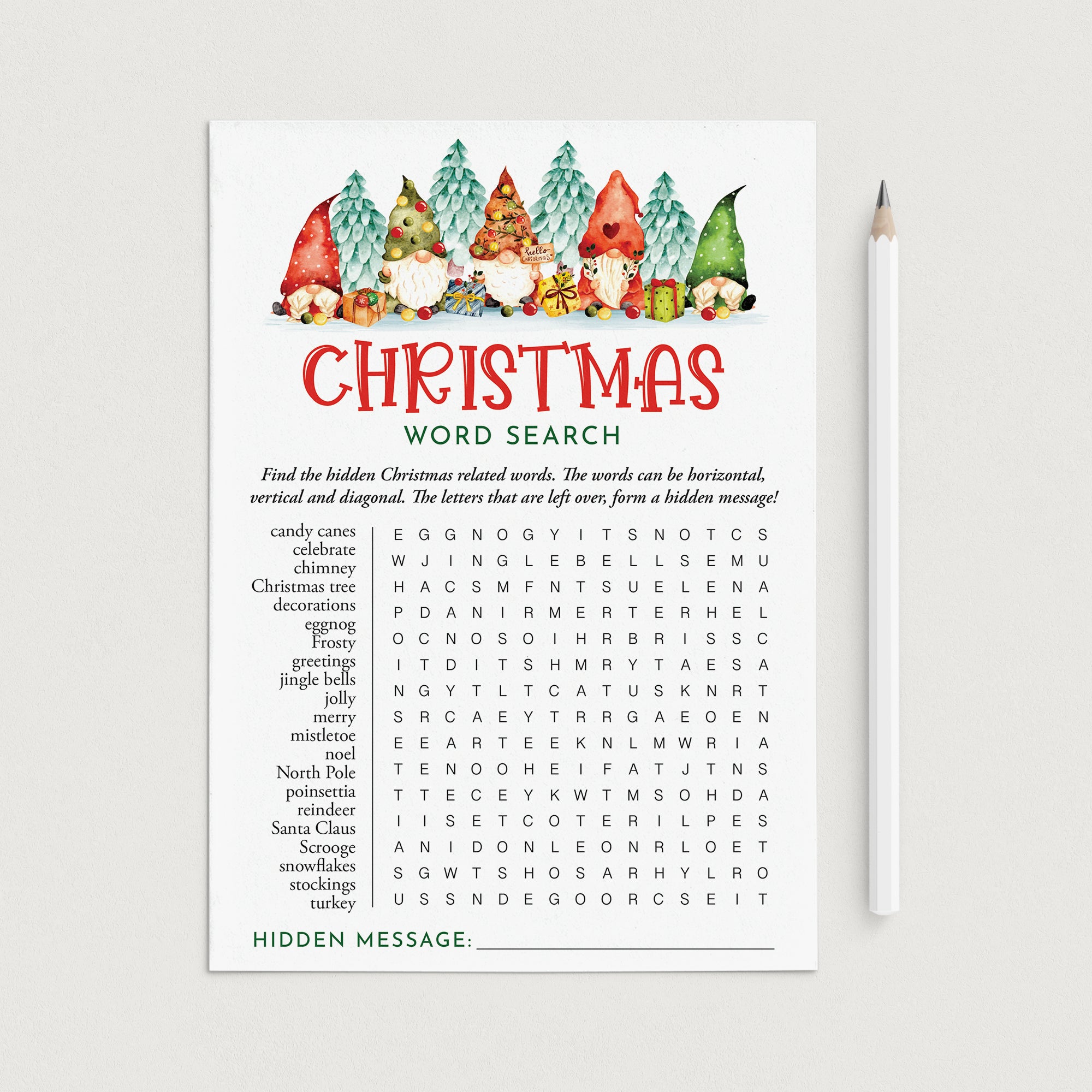 Christmas Word Find game with Hidden Message Printable by LittleSizzle