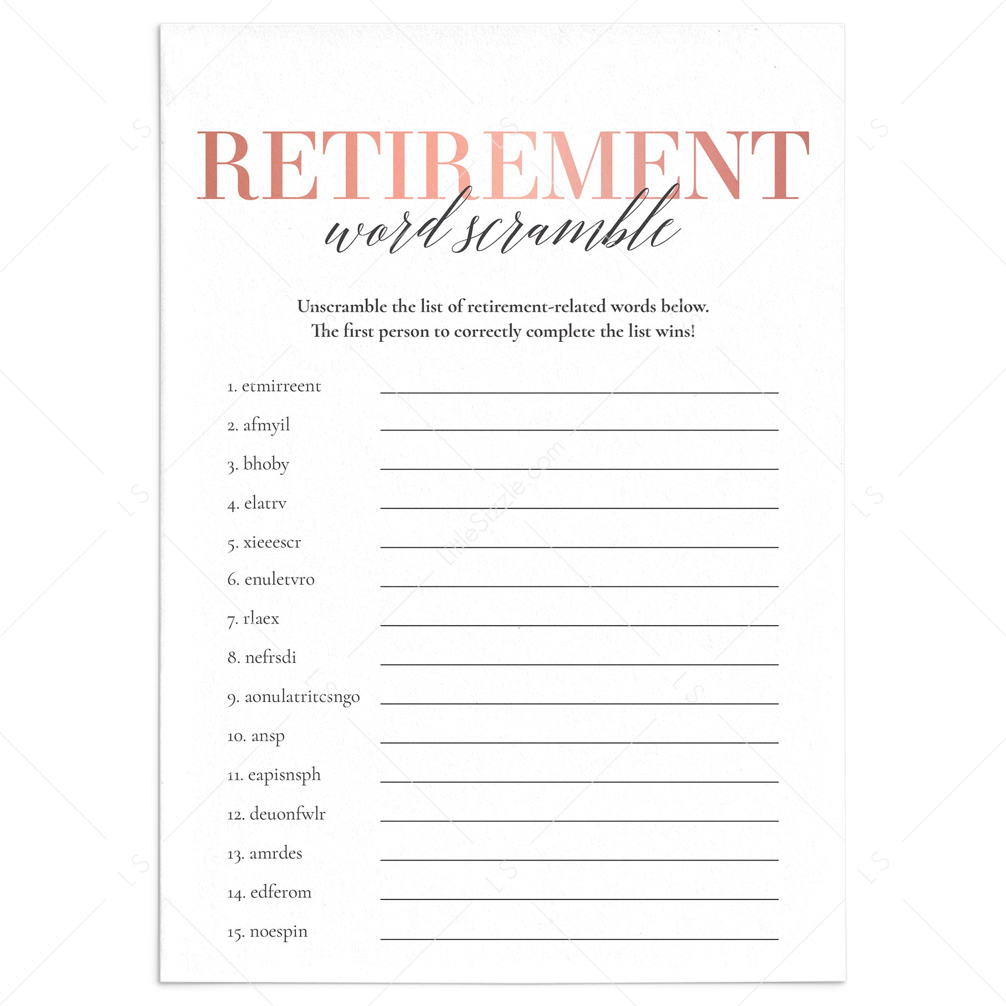 Women's Retirement Party Game Word Scramble with Answer Key by LittleSizzle