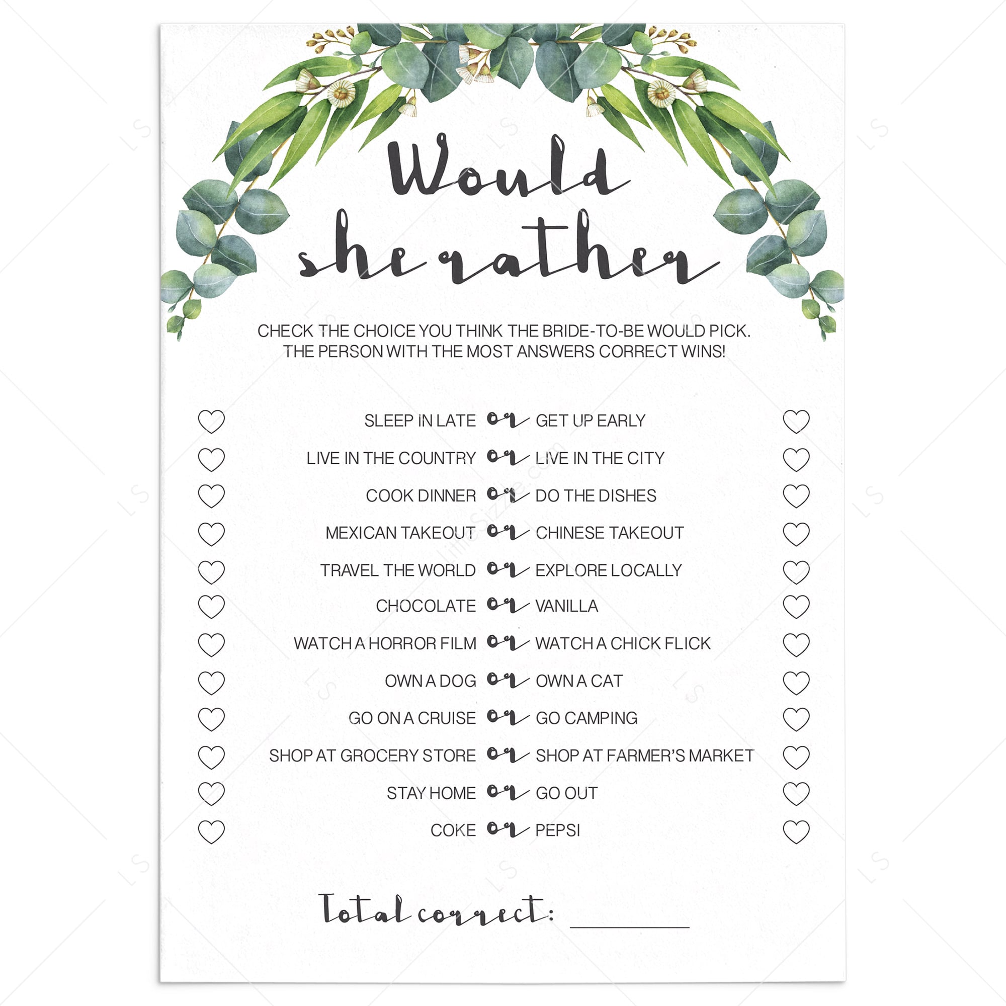 would she rather bridal shower games greenery by LittleSizzle