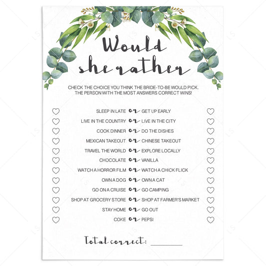 would she rather bridal shower games greenery by LittleSizzle