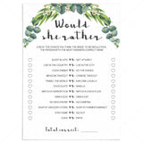 would she rather bridal shower games greenery by LittleSizzle