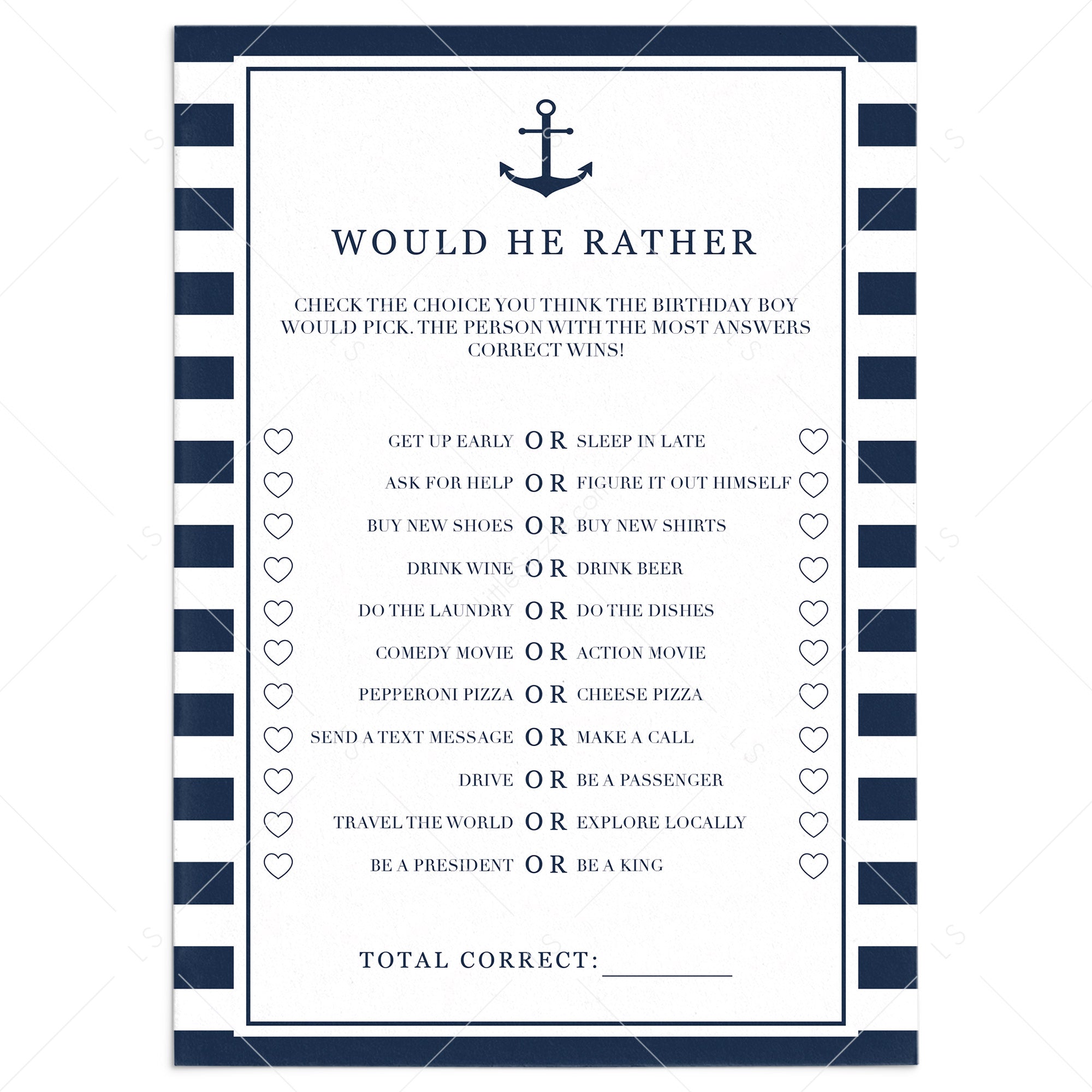 Guy's Birthday Party Game Would He Rather Printable by LittleSizzle