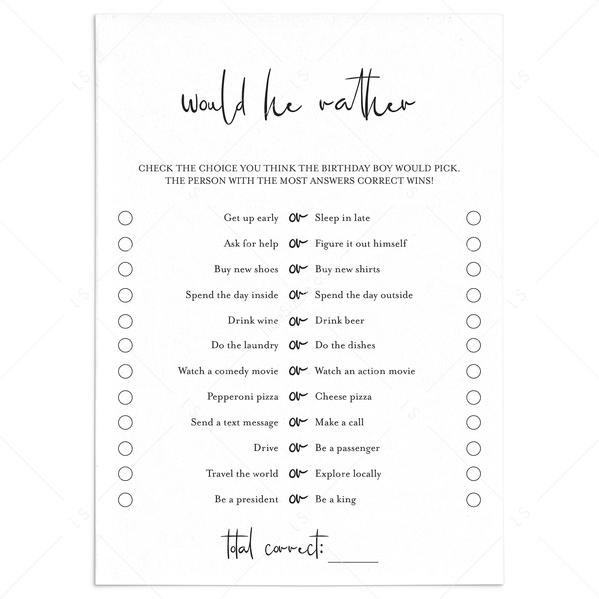 Would He Rather Birthday Party Game for Him by LittleSizzle