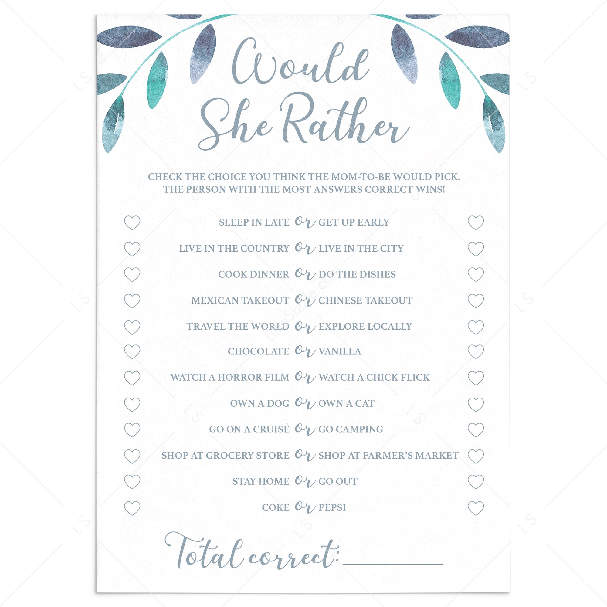 Blue Leaves Baby Shower Game Would She Rather Printable by LittleSizzle