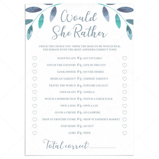 Blue Leaves Baby Shower Game Would She Rather Printable by LittleSizzle