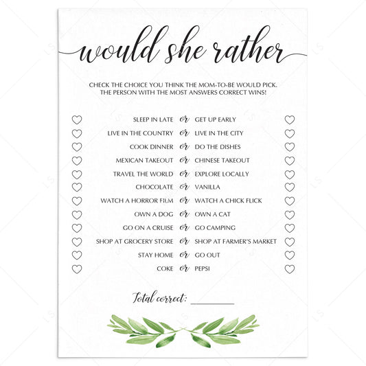 Greenery baby shower would she rather game printable by LittleSizzle