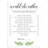 Greenery baby shower would she rather game printable by LittleSizzle