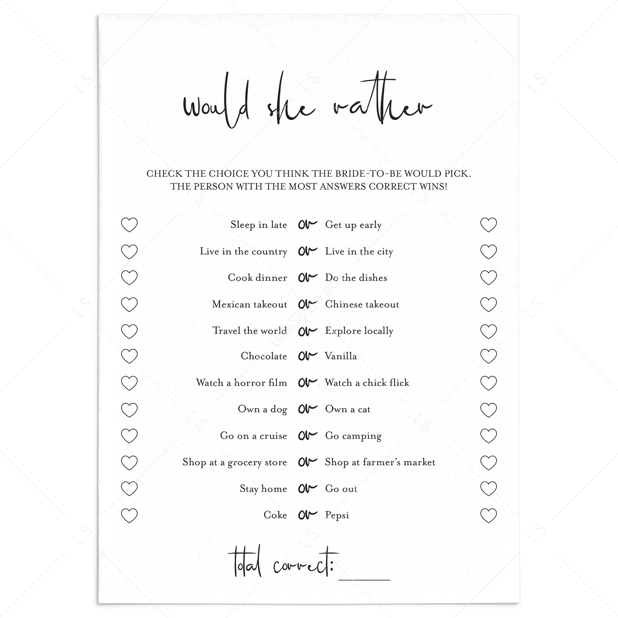 Would She Rather Bridal Shower Game Free Printable Modern