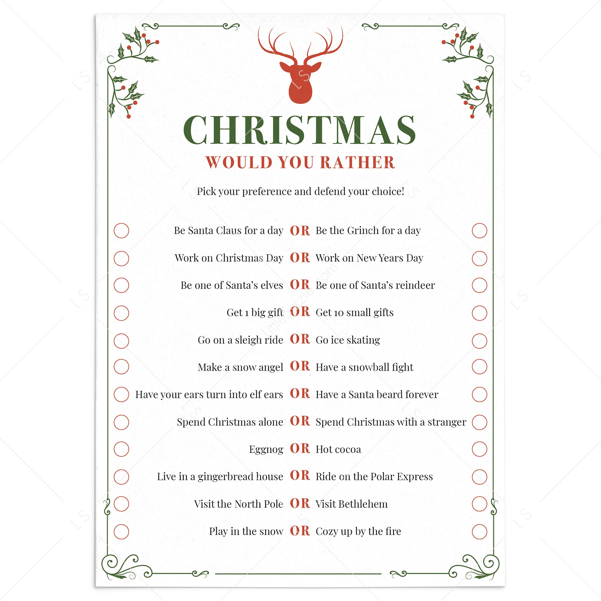 Christmas Would You Rather Game Printable Instant Download LittleSizzle