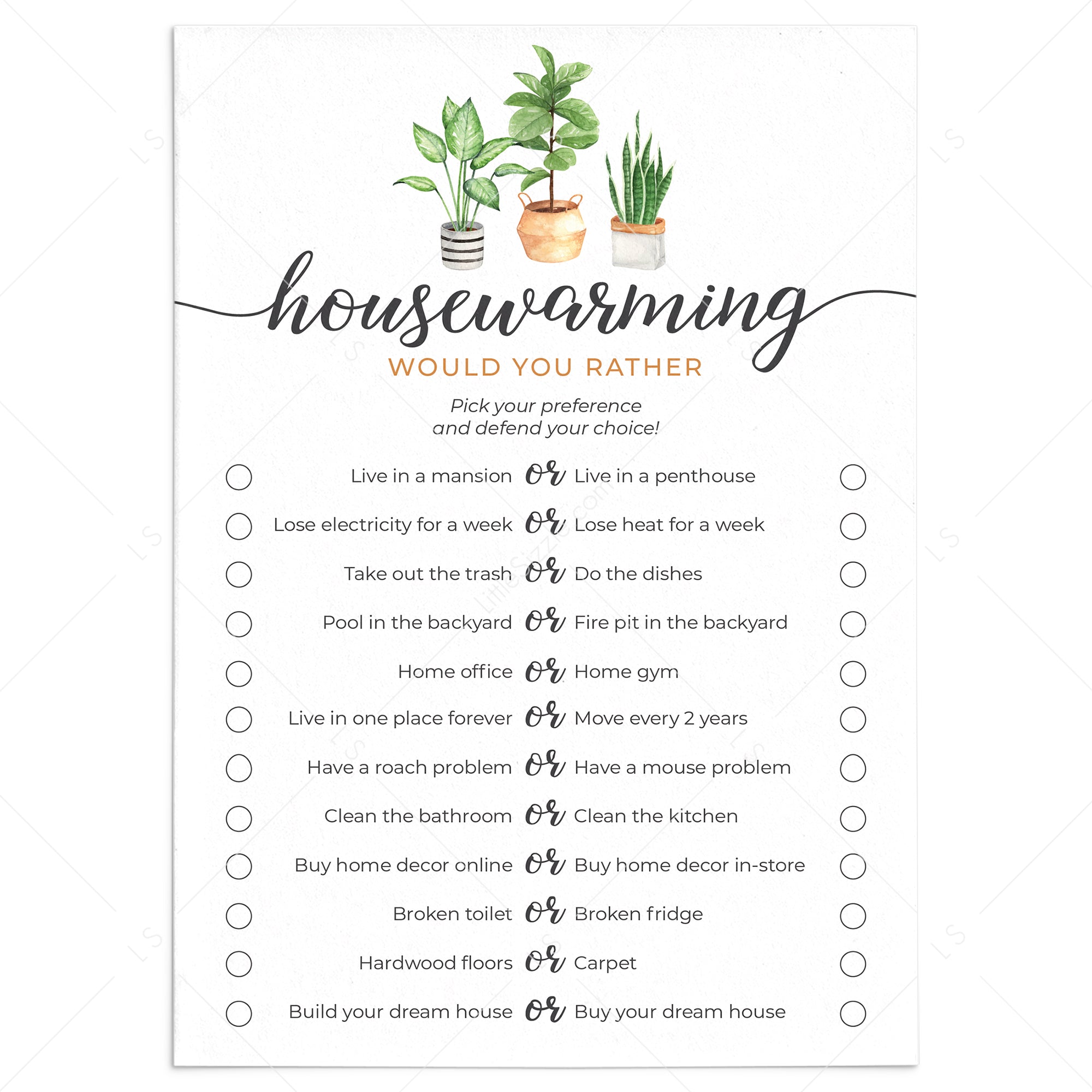 Printable Housewarming Party Game Would You Rather by LittleSizzle