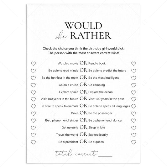 Would She Rather Birthday Game Printable by LittleSizzle