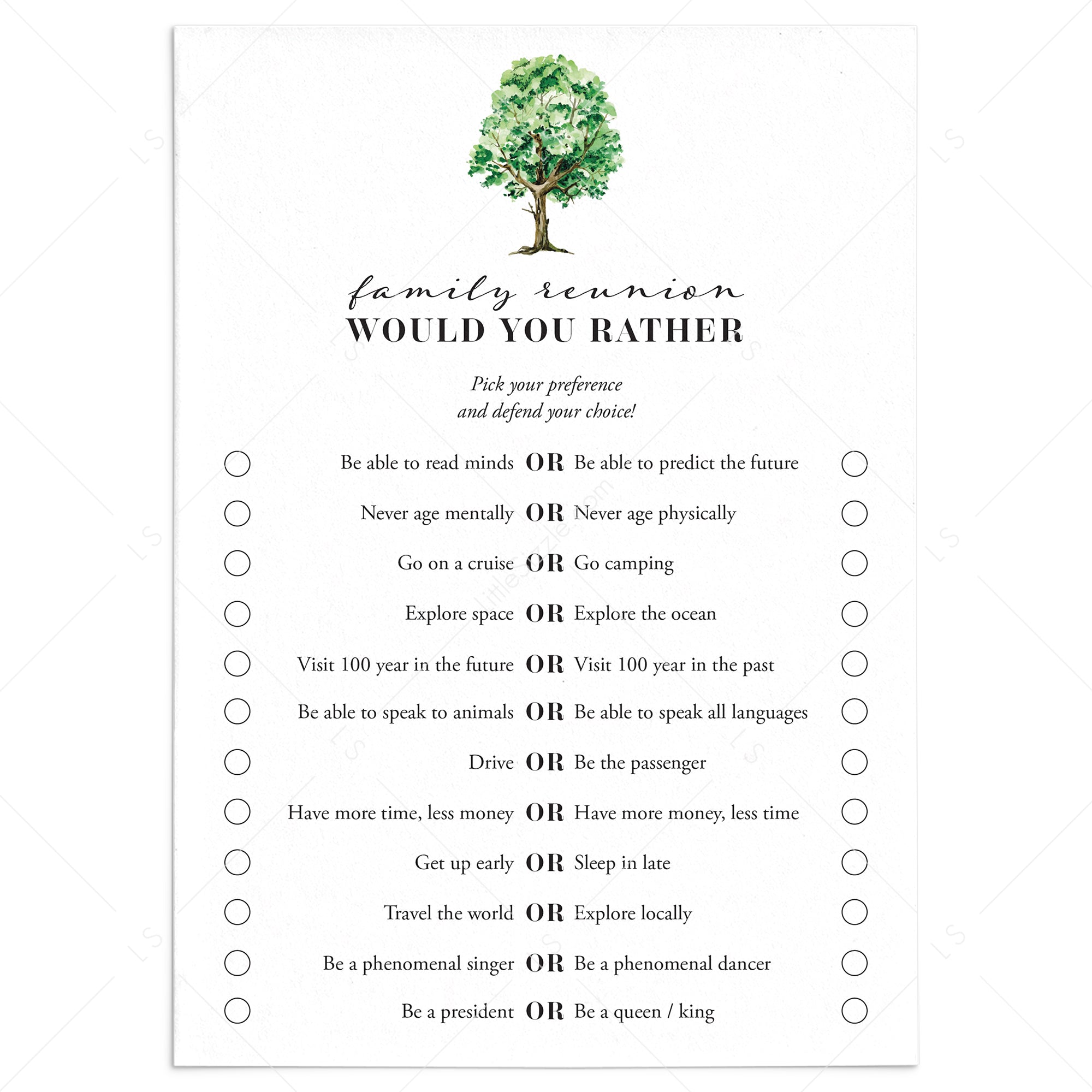 Funny Family Reunion Game Printable Would You Rather by LittleSizzle