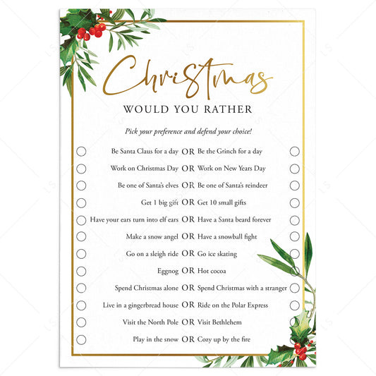 Would You Rather Christmas Questions for Adults Printable by LittleSizzle
