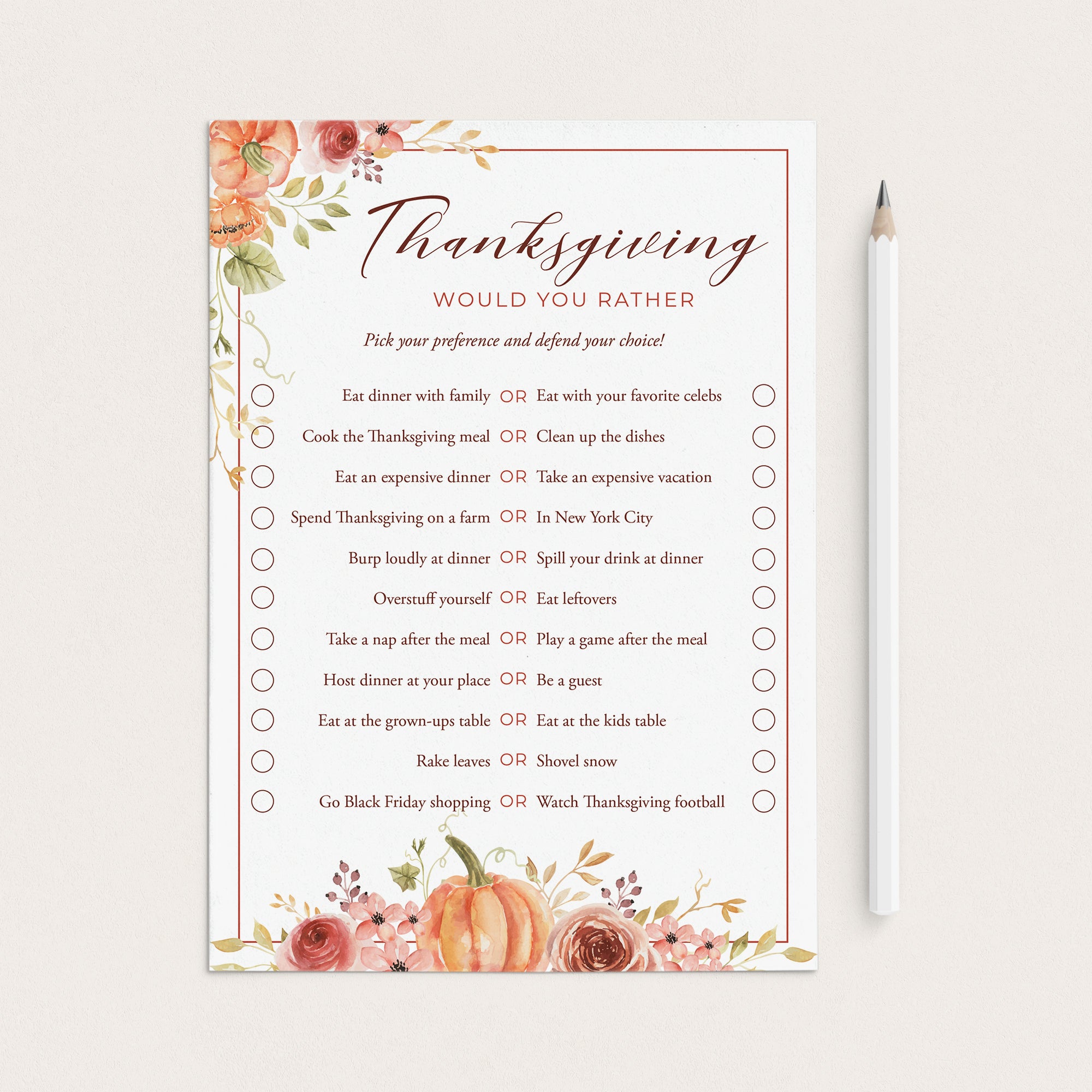 Fun Thanksgiving Would You Rather Questions Printable by LittleSizzle