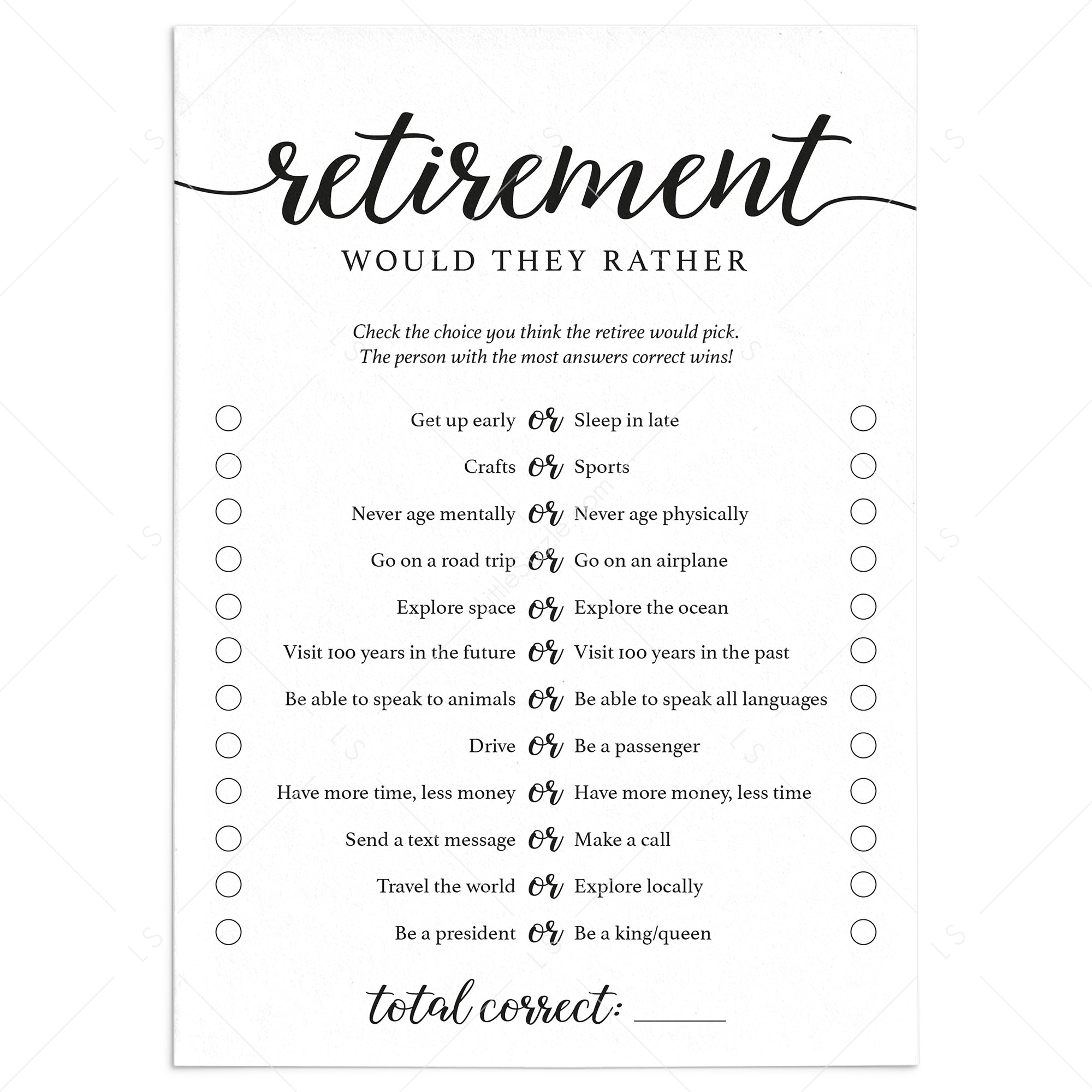 Retirement Would They Rather Game Printable by LittleSizzle