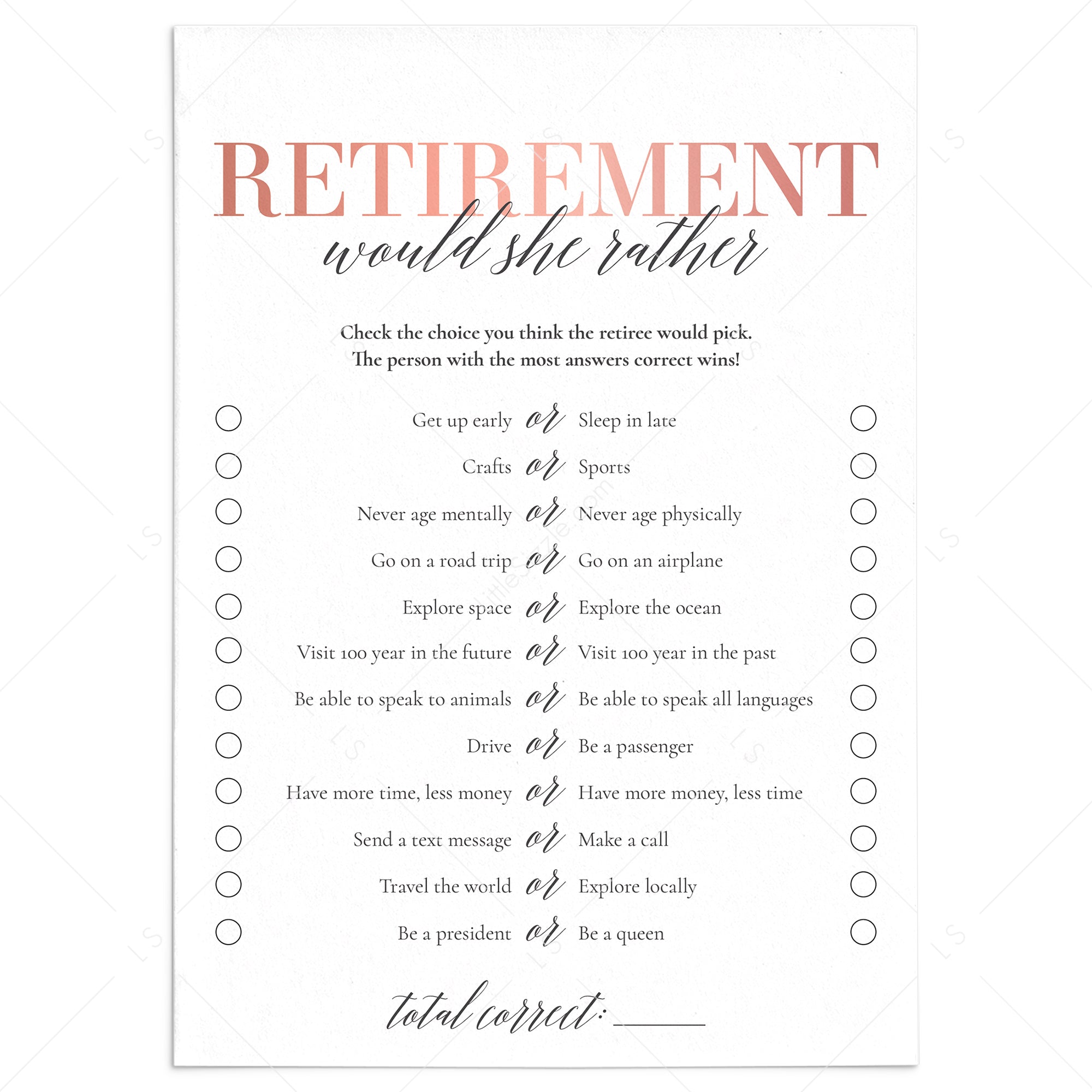 Retirement Party Game Would She Rather Printable by LittleSizzle