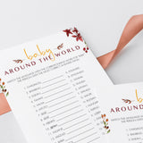 Around The World BabyShower Game Burgundy Leaves
