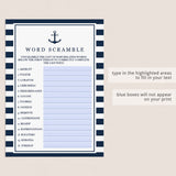 Nautical Baby Shower Word Scramble Printable & Fillable PDF Template