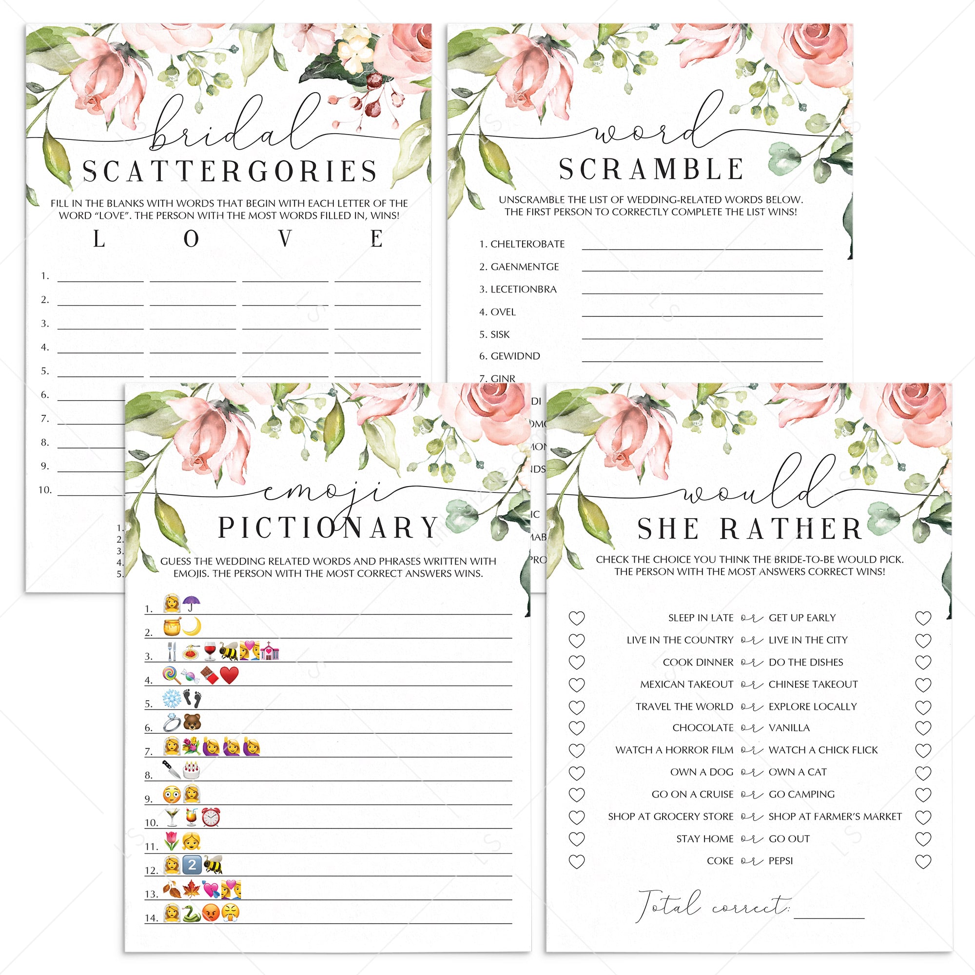 Zoom Bridal Shower Games Bundle Floral Theme Instant Download by LittleSizzle