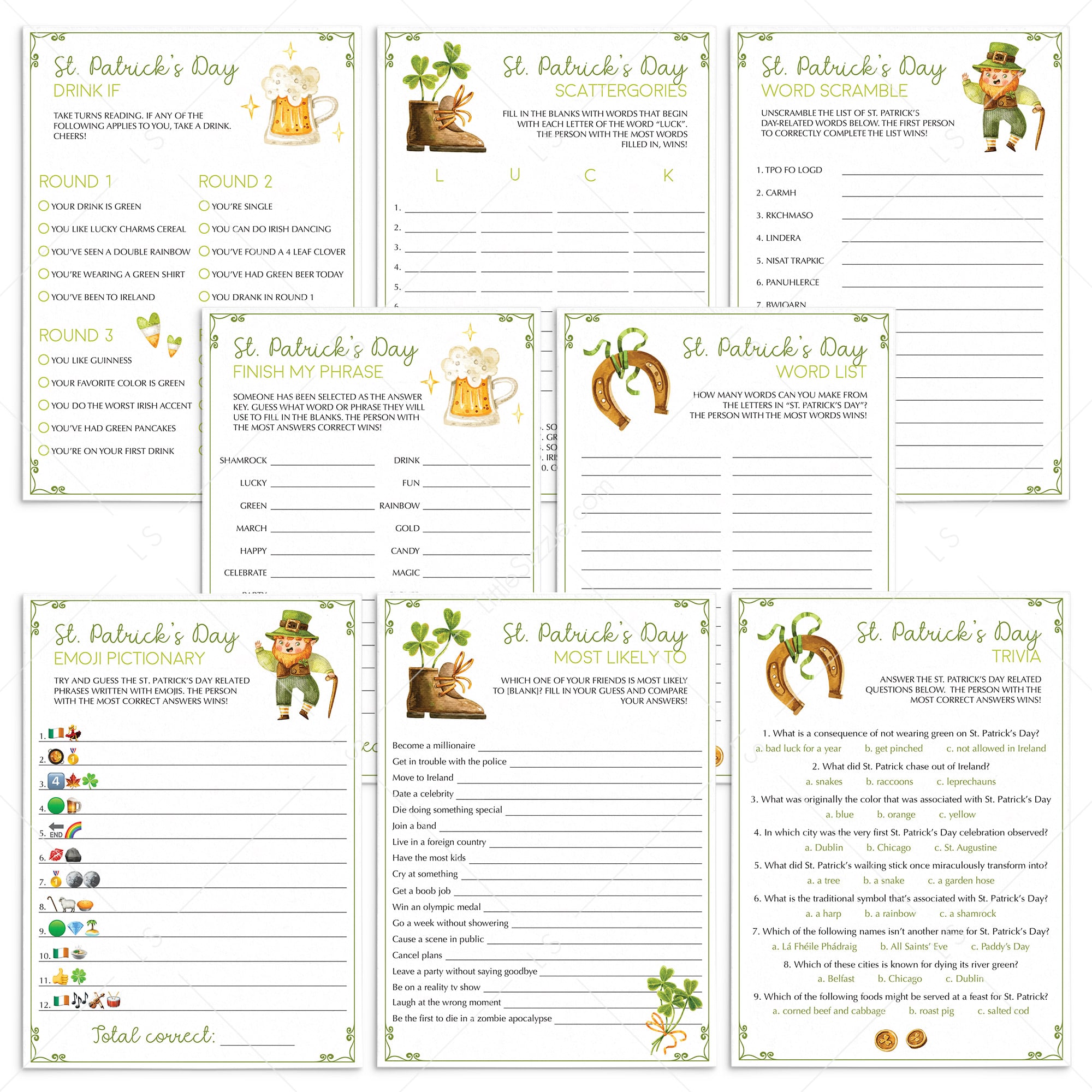 St Patricks Games Bundle for Adults To Print or Play Online by LittleSizzle