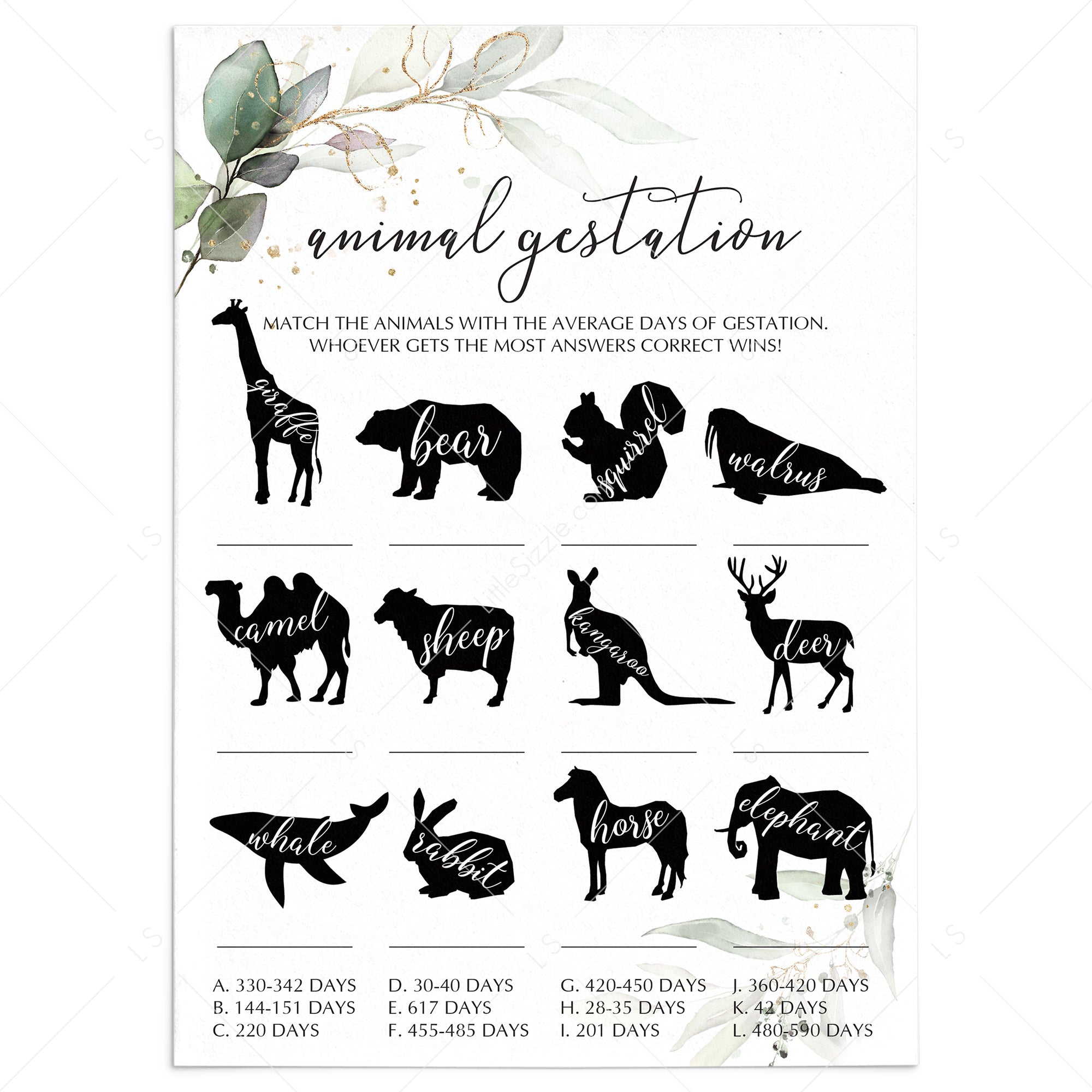 Greenery and Gold Baby Shower Game Animal Gestation Match by LittleSizzle