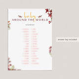 Around The World BabyShower Game Burgundy Leaves