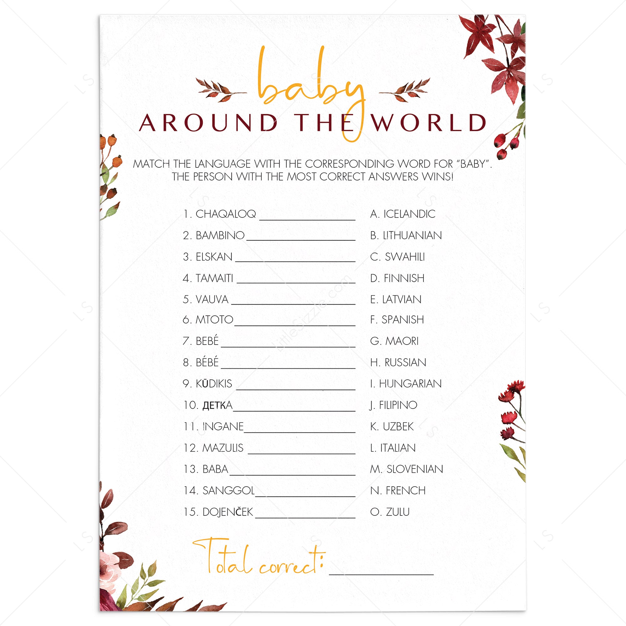 Around The World BabyShower Game Burgundy Leaves by LittleSizzle