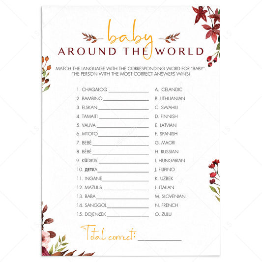 Around The World BabyShower Game Burgundy Leaves by LittleSizzle