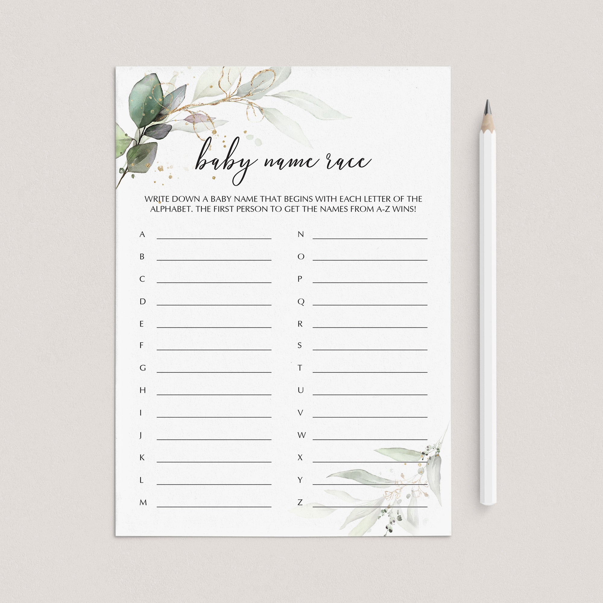 Baby Names Game Printable Greenery and Gold Theme by LittleSizzle