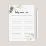 Baby Names Game Printable Greenery and Gold Theme by LittleSizzle