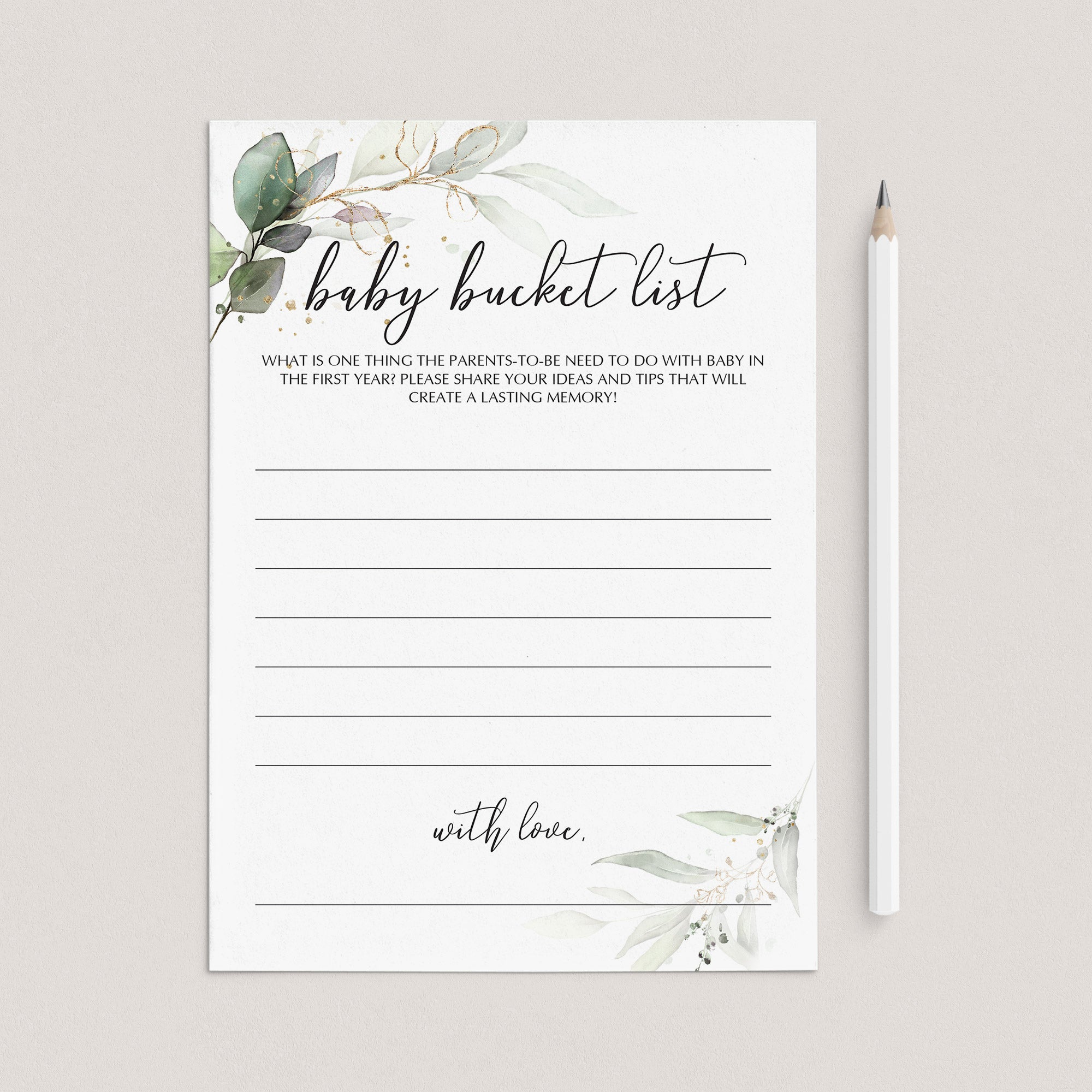 Gold and Greenery Theme Baby Shower Keepsake Cards