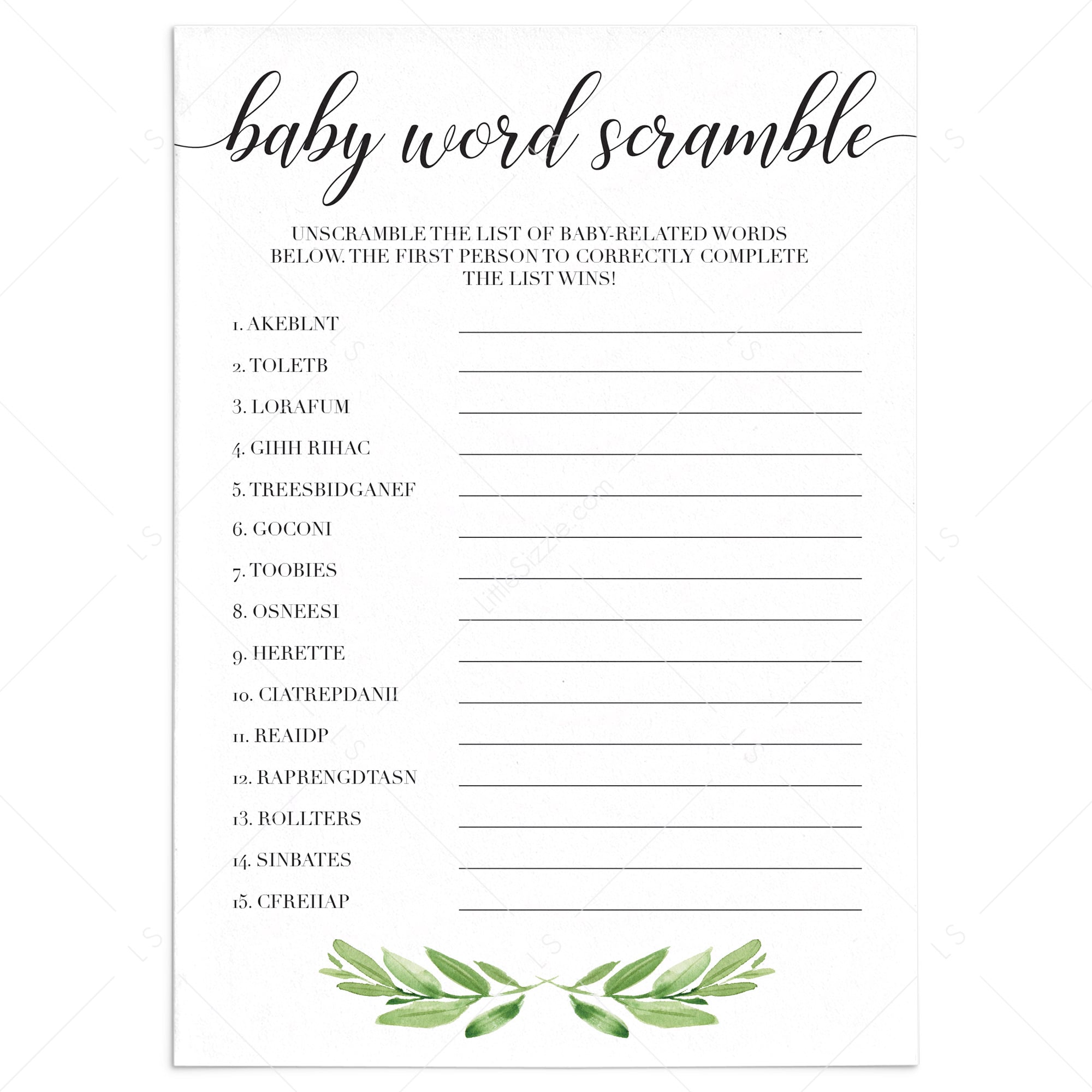 Virtual Baby Word Scramble game for gender neutral baby shower