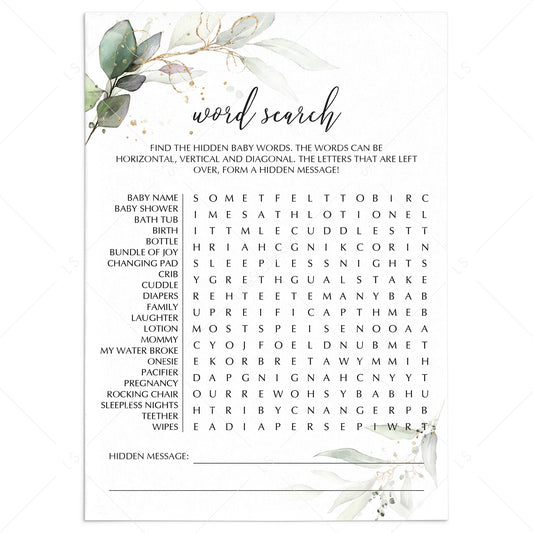 Word Search for Baby Shower Printable Greenery Gold by LittleSizzle