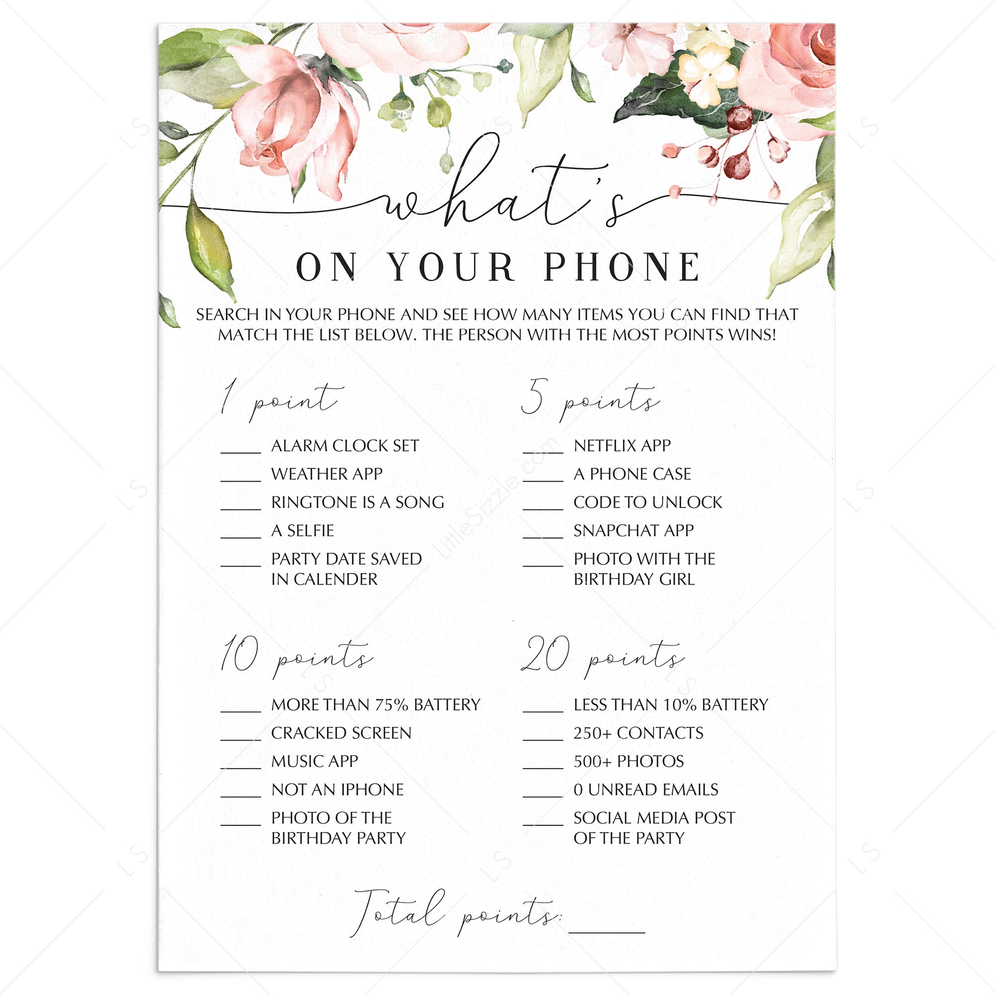 Blush Floral Birthday What's On Your Phone Game Printable by LittleSizzle