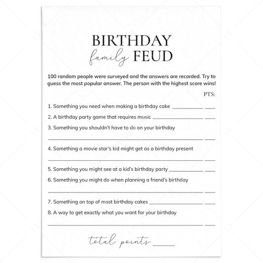 Birthday Family Feud Questions and Answers Printable by LittleSizzle