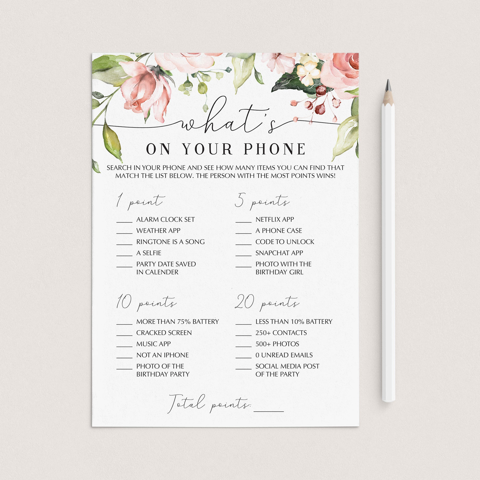 Blush Floral Birthday What's On Your Phone Game Printable by LittleSizzle