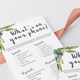 Whats On Your Phone Birthday Game Printable Eucalyptus Greenery