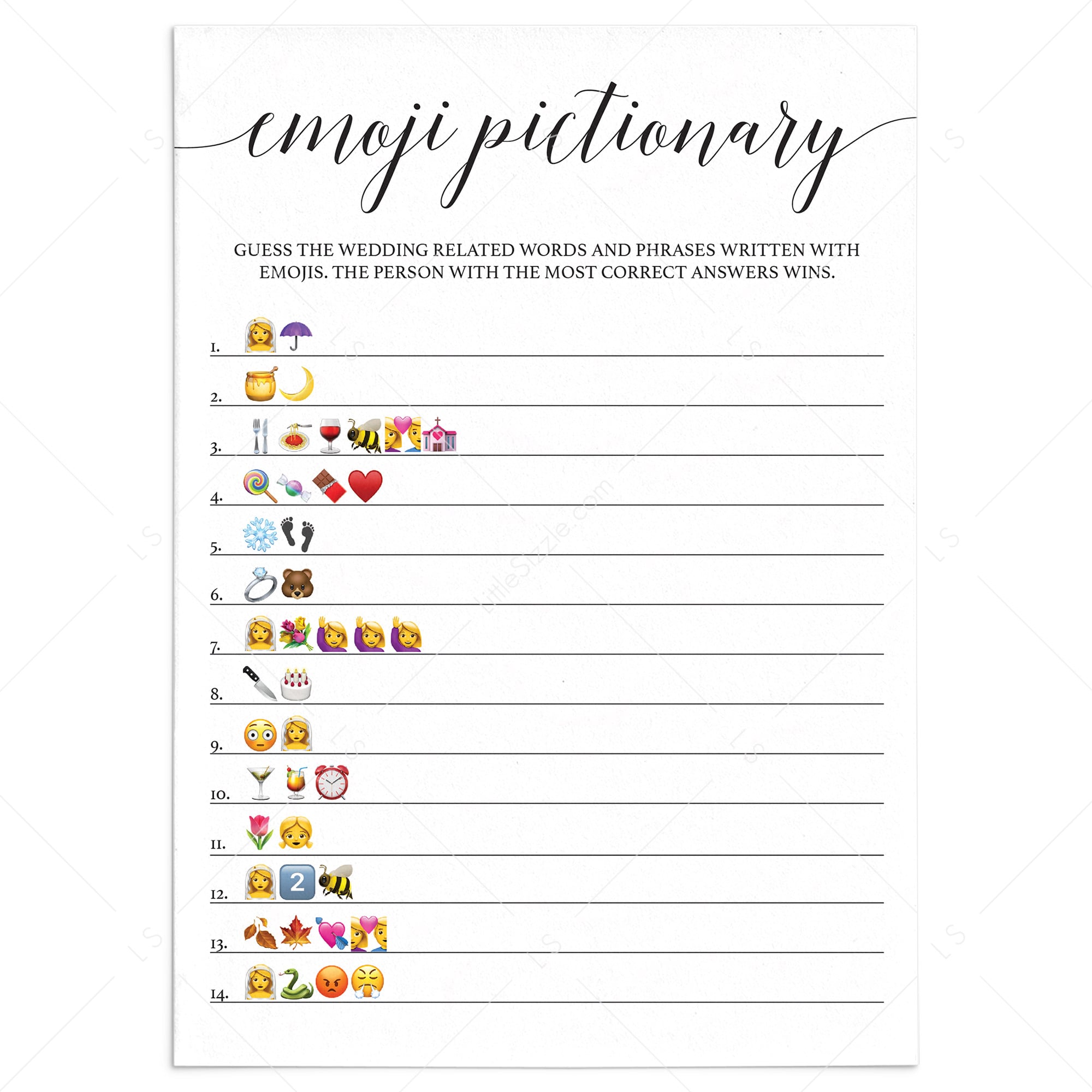 Bridal Shower Emoji Game Black and White Printable by LittleSizzle