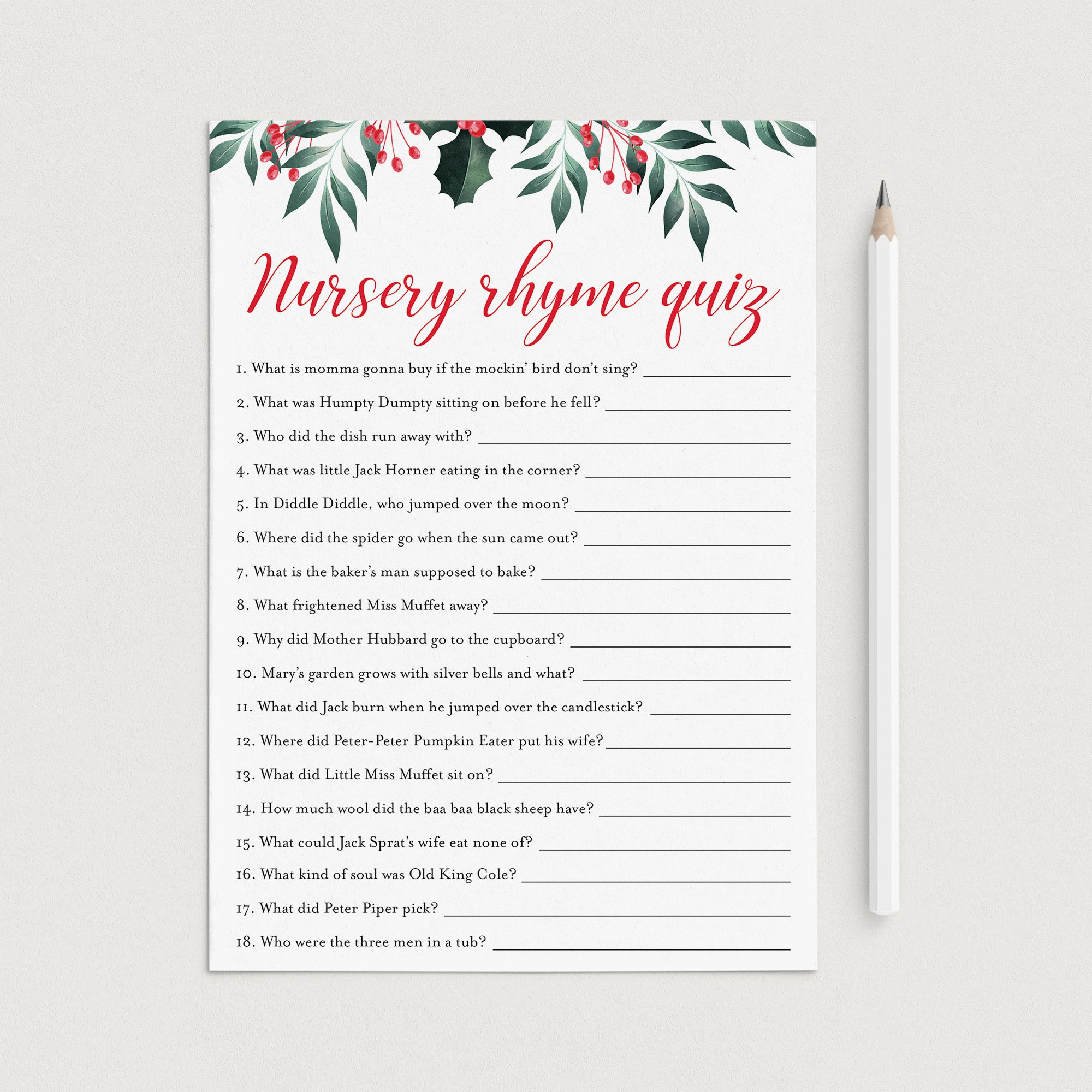 Winter Holly Baby Shower Game Nursery Rhyme Quiz by LittleSizzle